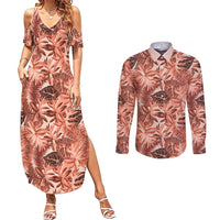 Hawaii Red Brown Tropical Leaves Couples Matching Summer Maxi Dress and Long Sleeve Button Shirt - Polynesian Pride