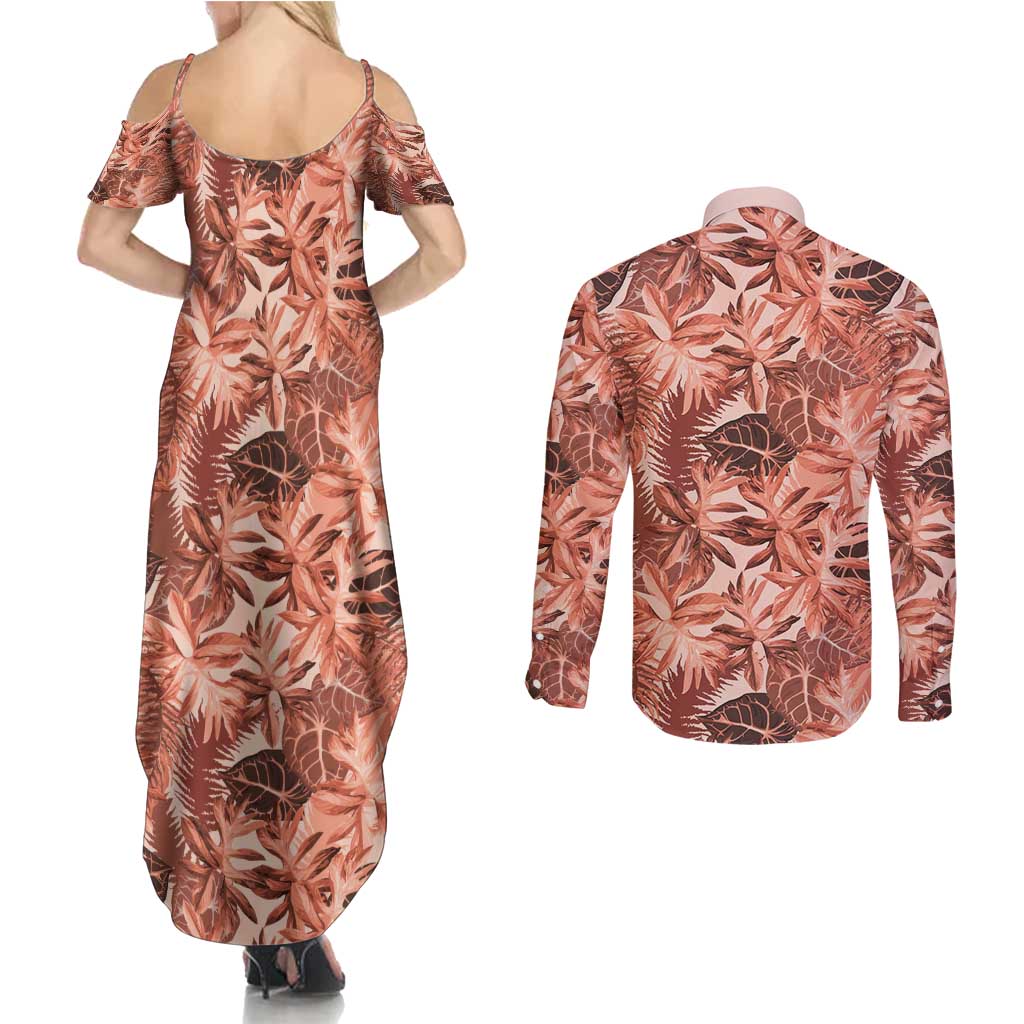 Hawaii Red Brown Tropical Leaves Couples Matching Summer Maxi Dress and Long Sleeve Button Shirt - Polynesian Pride