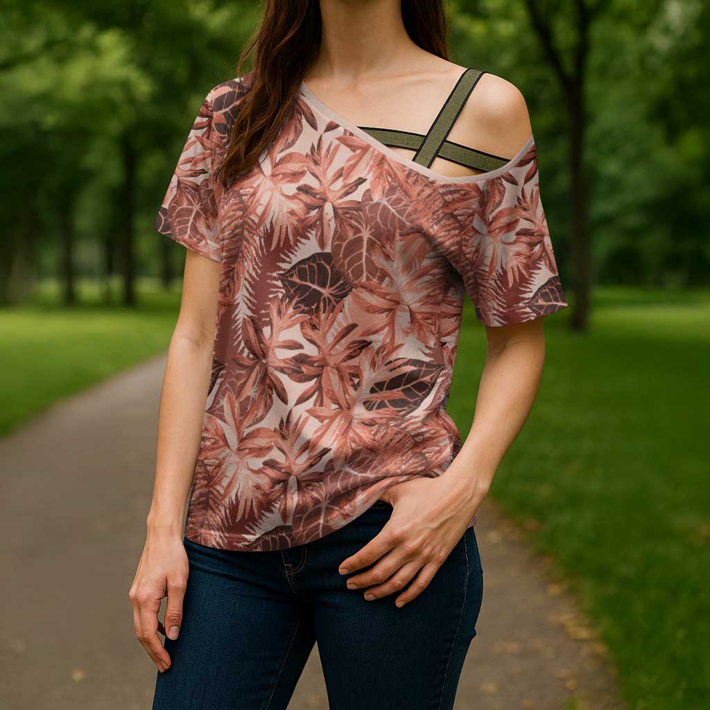 Hawaii Red Brown Tropical Leaves Cross Shoulder Shirt - Polynesian Pride