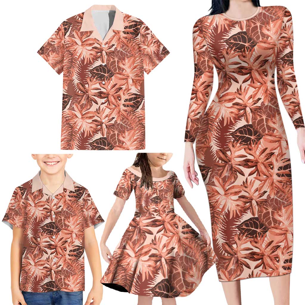 Hawaii Red Brown Tropical Leaves Family Matching Long Sleeve Bodycon Dress and Hawaiian Shirt - Polynesian Pride