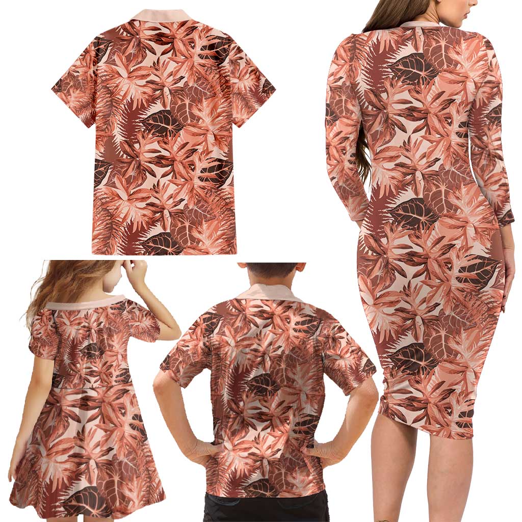 Hawaii Red Brown Tropical Leaves Family Matching Long Sleeve Bodycon Dress and Hawaiian Shirt LT01 - Polynesian Pride