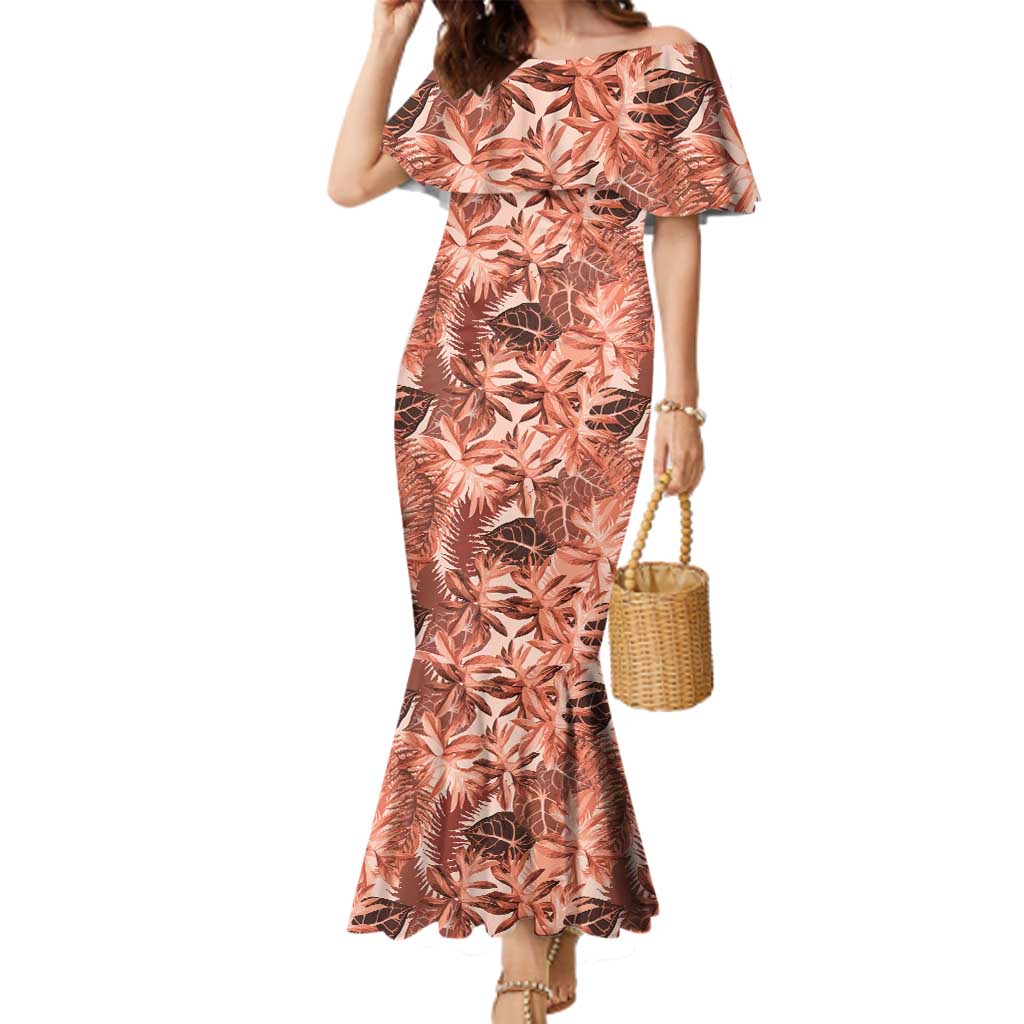 Hawaii Red Brown Tropical Leaves Family Matching Mermaid Dress and Hawaiian Shirt LT01 Mom's Dress Brown - Polynesian Pride