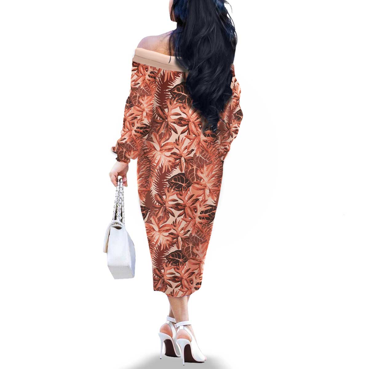 Hawaii Red Brown Tropical Leaves Family Matching Off The Shoulder Long Sleeve Dress and Hawaiian Shirt LT01 - Polynesian Pride