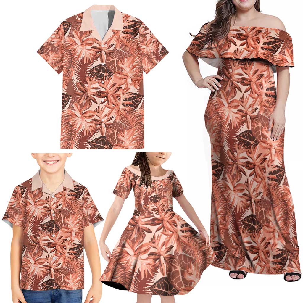 Hawaii Red Brown Tropical Leaves Family Matching Off Shoulder Maxi Dress and Hawaiian Shirt - Polynesian Pride