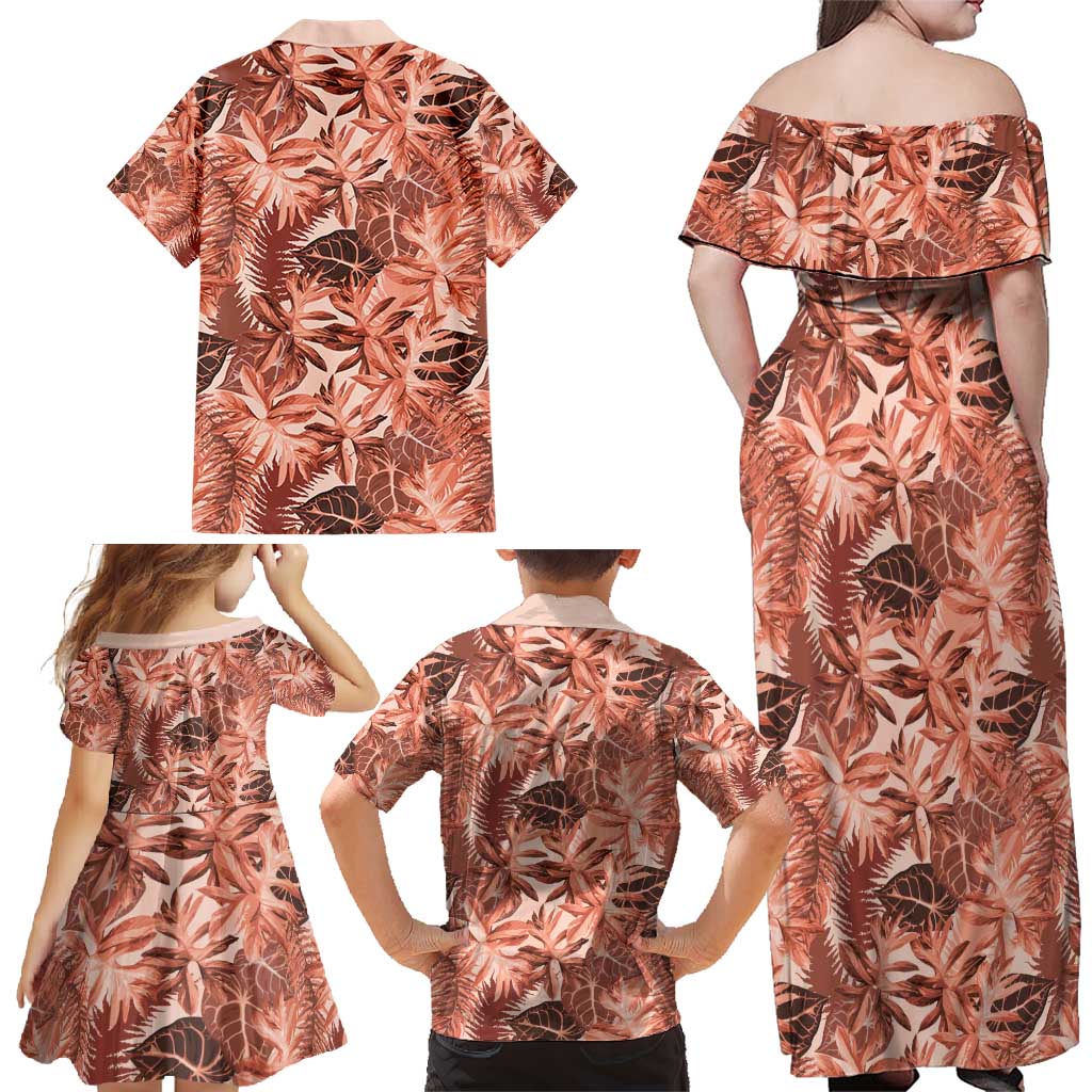 Hawaii Red Brown Tropical Leaves Family Matching Off Shoulder Maxi Dress and Hawaiian Shirt LT01 - Polynesian Pride