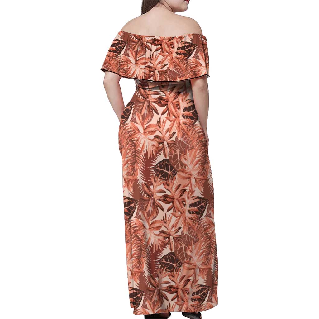 Hawaii Red Brown Tropical Leaves Family Matching Off Shoulder Maxi Dress and Hawaiian Shirt LT01 - Polynesian Pride