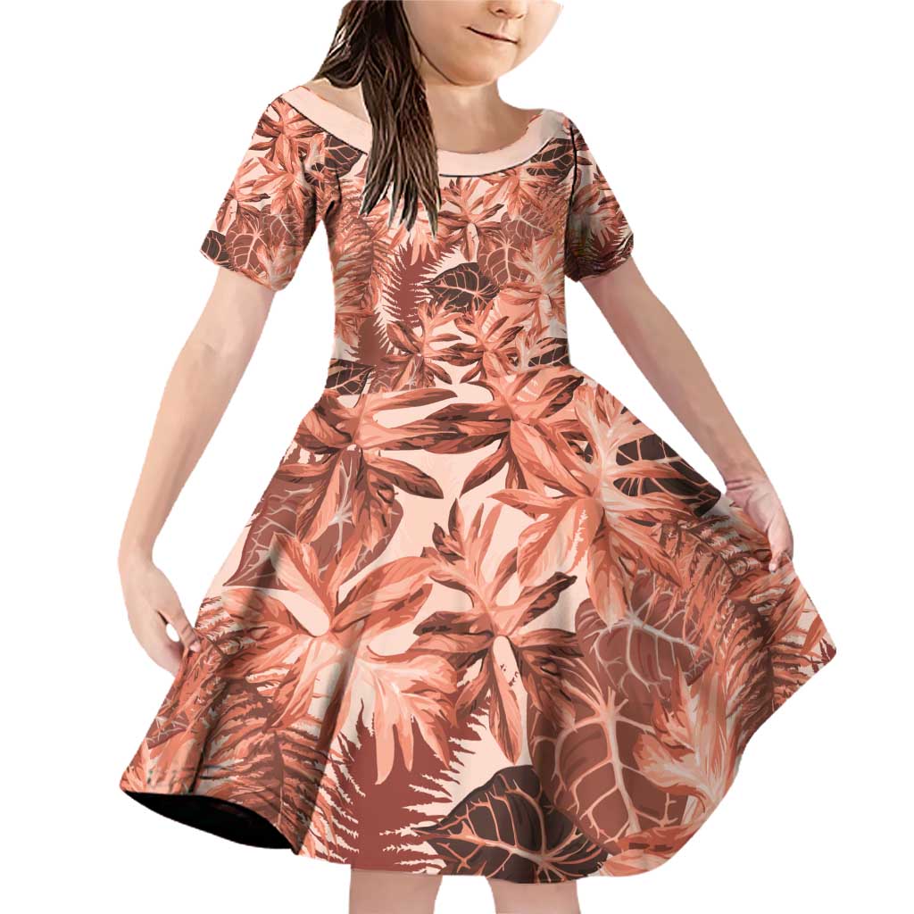 Hawaii Red Brown Tropical Leaves Family Matching Off Shoulder Short Dress and Hawaiian Shirt LT01 Daughter's Dress Brown - Polynesian Pride