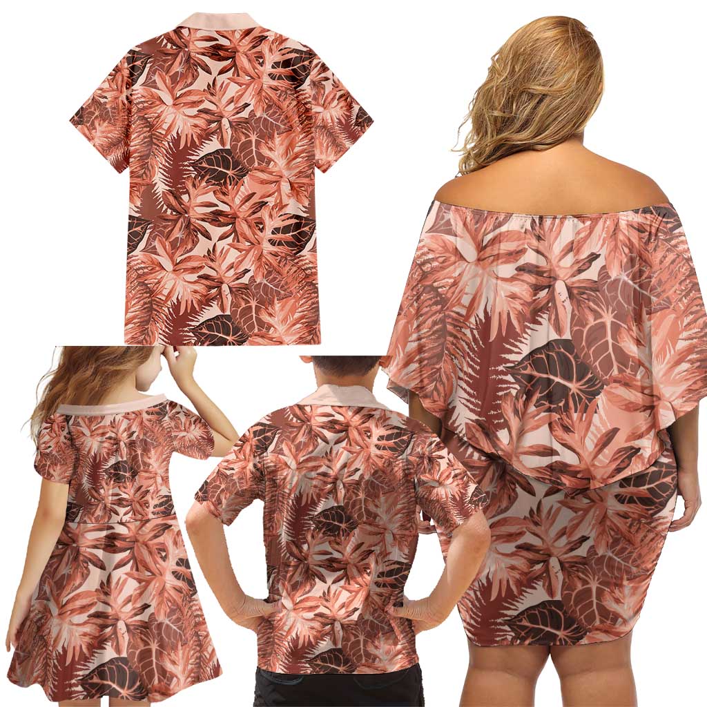 Hawaii Red Brown Tropical Leaves Family Matching Off Shoulder Short Dress and Hawaiian Shirt LT01 - Polynesian Pride