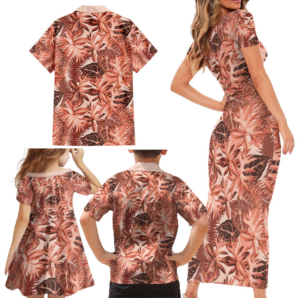 Hawaii Red Brown Tropical Leaves Family Matching Short Sleeve Bodycon Dress and Hawaiian Shirt LT01 - Polynesian Pride