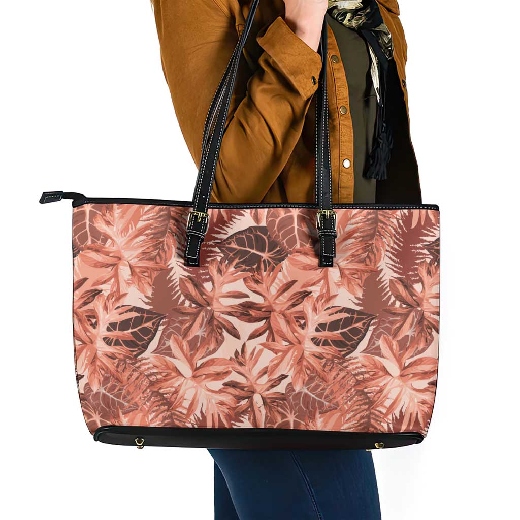 Hawaii Red Brown Tropical Leaves Leather Tote Bag - Polynesian Pride
