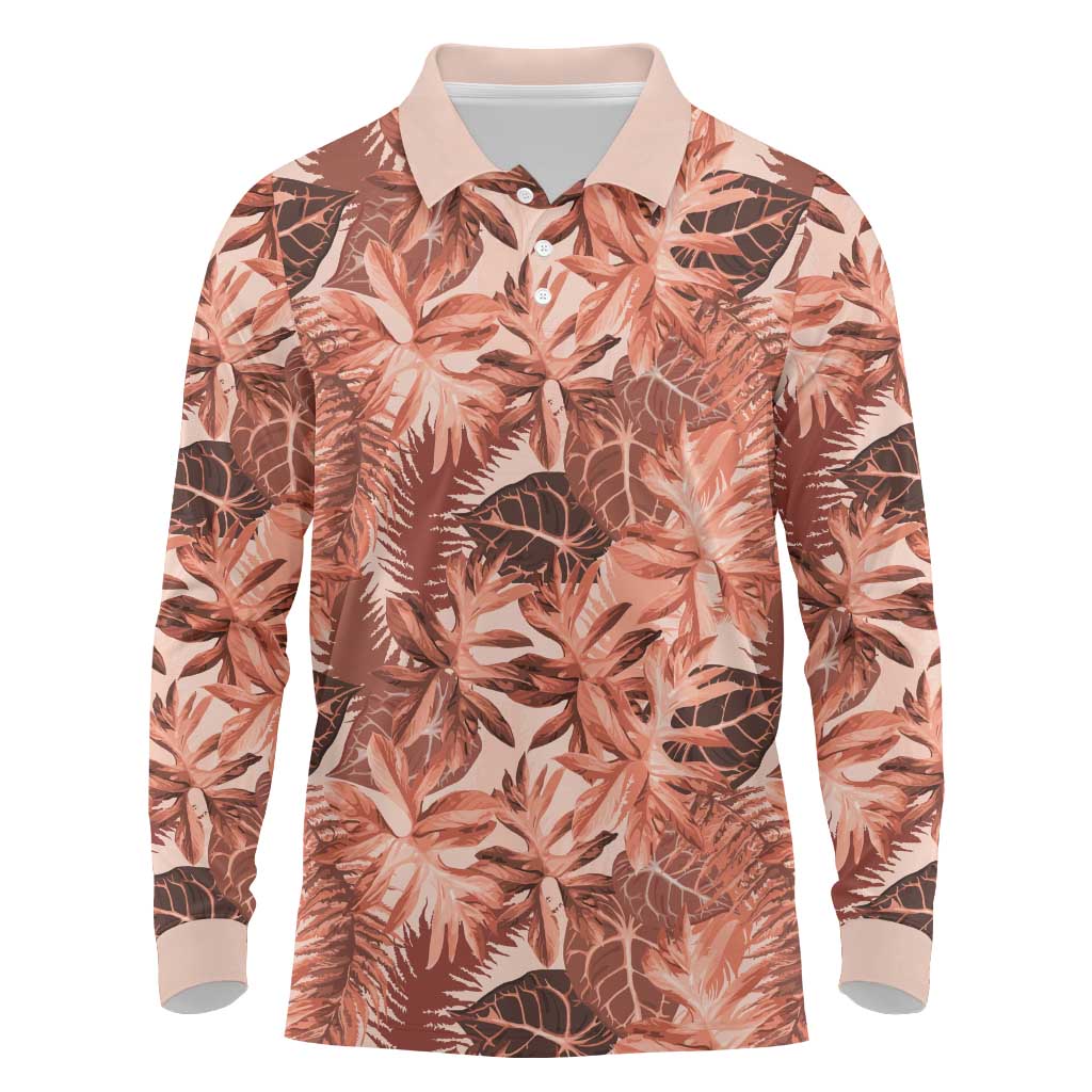 Hawaii Red Brown Tropical Leaves Long Sleeve Polo Shirt LT01 Brown - Polynesian Pride