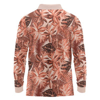 Hawaii Red Brown Tropical Leaves Long Sleeve Polo Shirt - Polynesian Pride