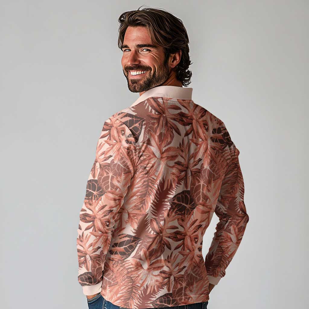 Hawaii Red Brown Tropical Leaves Long Sleeve Polo Shirt - Polynesian Pride