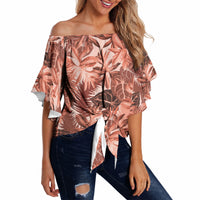 Hawaii Red Brown Tropical Leaves Off Shoulder Wrap Waist Top LT01 - Polynesian Pride