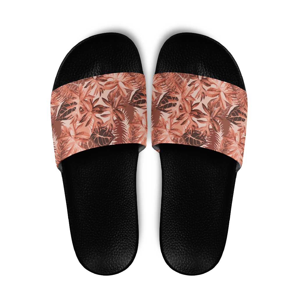 Hawaii Red Brown Tropical Leaves Slide Sandals - Polynesian Pride