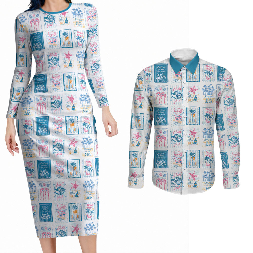 Hawaii Coastal Summer Postcard Couples Matching Long Sleeve Bodycon Dress and Long Sleeve Button Shirt LT01 Multicolor - Polynesian Pride
