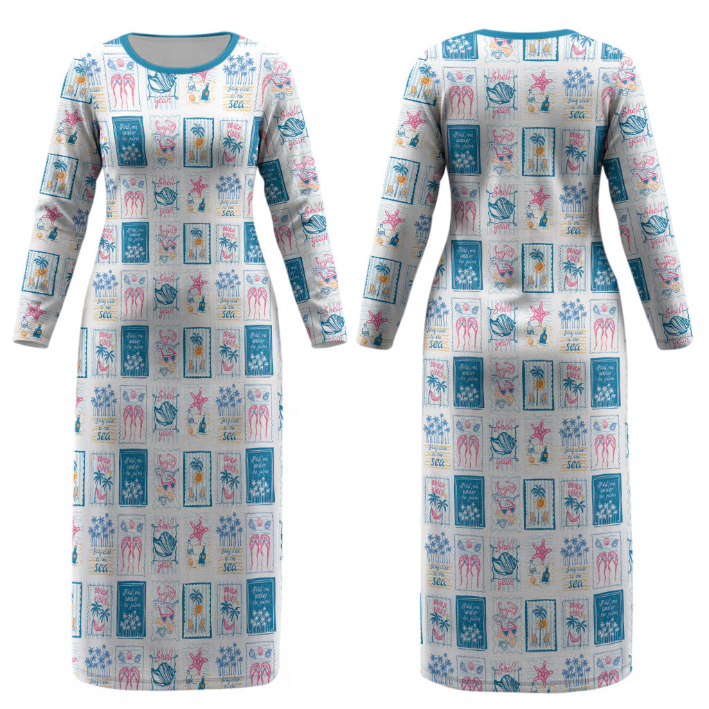 Hawaii Coastal Summer Postcard Couples Matching Long Sleeve Bodycon Dress and Long Sleeve Button Shirt LT01 - Polynesian Pride