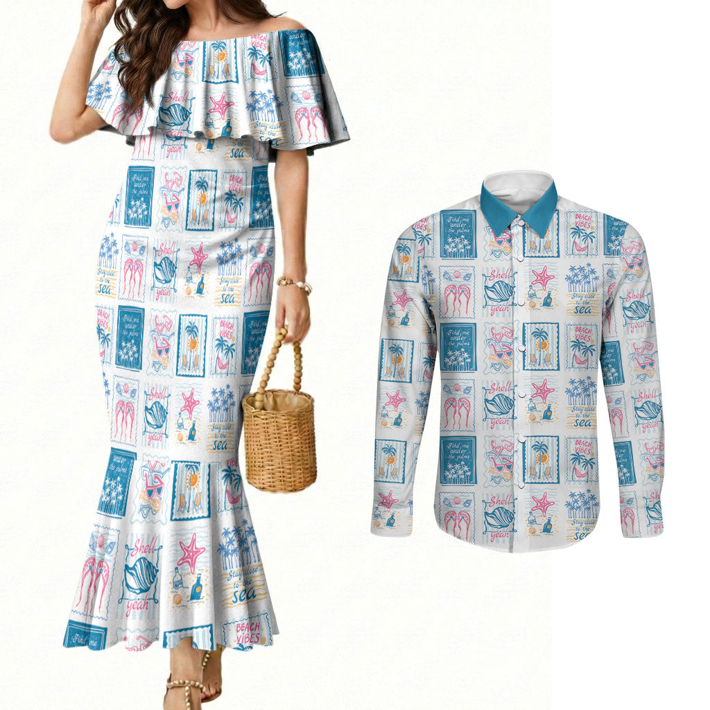 Hawaii Coastal Summer Postcard Couples Matching Mermaid Dress and Long Sleeve Button Shirt LT01 Multicolor - Polynesian Pride