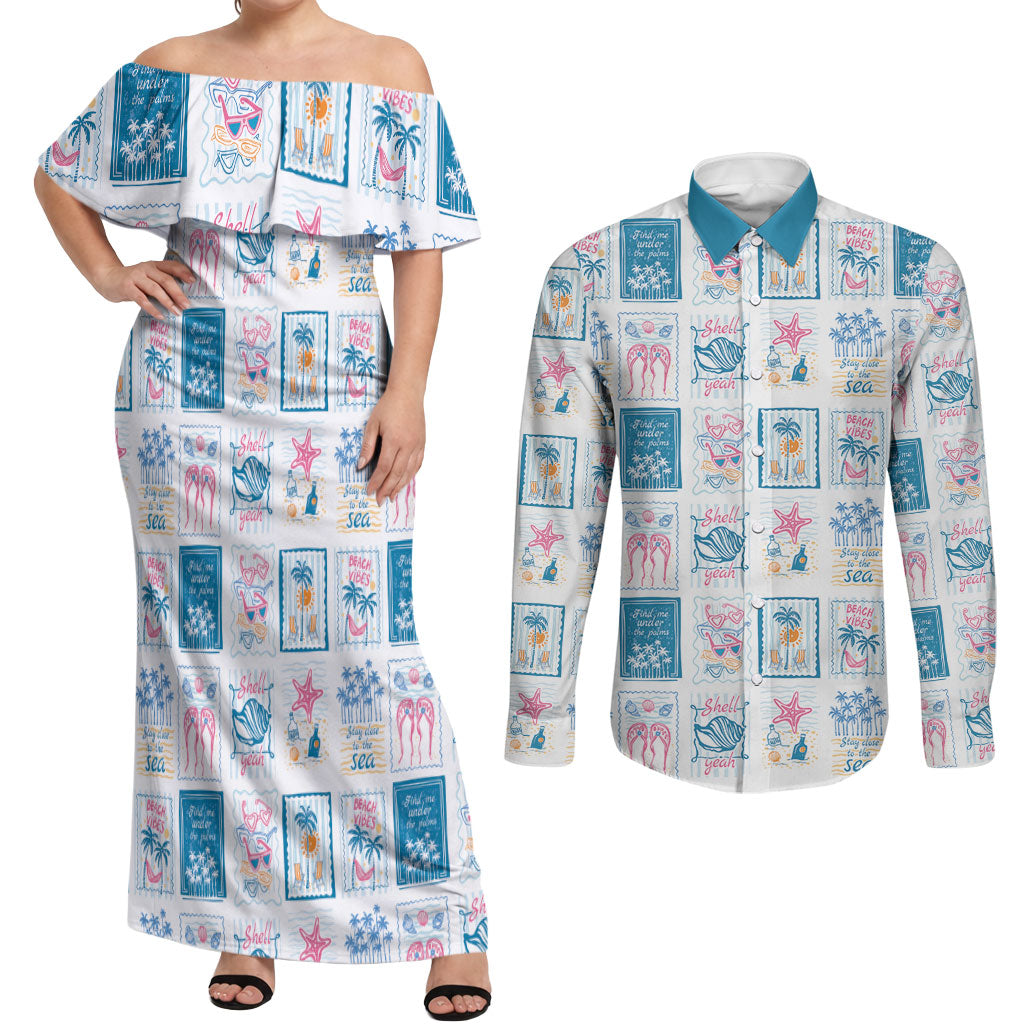 Hawaii Coastal Summer Postcard Couples Matching Off Shoulder Maxi Dress and Long Sleeve Button Shirt LT01 Multicolor - Polynesian Pride
