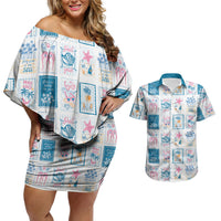 Hawaii Coastal Summer Postcard Couples Matching Off Shoulder Short Dress and Hawaiian Shirt LT01 Multicolor - Polynesian Pride