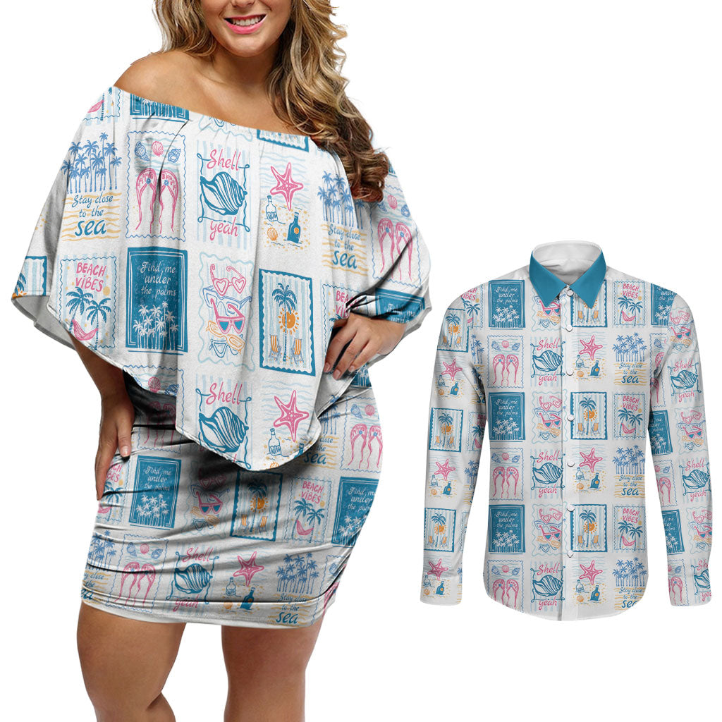 Hawaii Coastal Summer Postcard Couples Matching Off Shoulder Short Dress and Long Sleeve Button Shirt LT01 Multicolor - Polynesian Pride