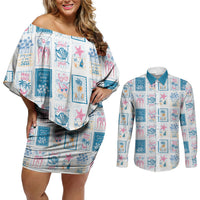 Hawaii Coastal Summer Postcard Couples Matching Off Shoulder Short Dress and Long Sleeve Button Shirt LT01 Multicolor - Polynesian Pride