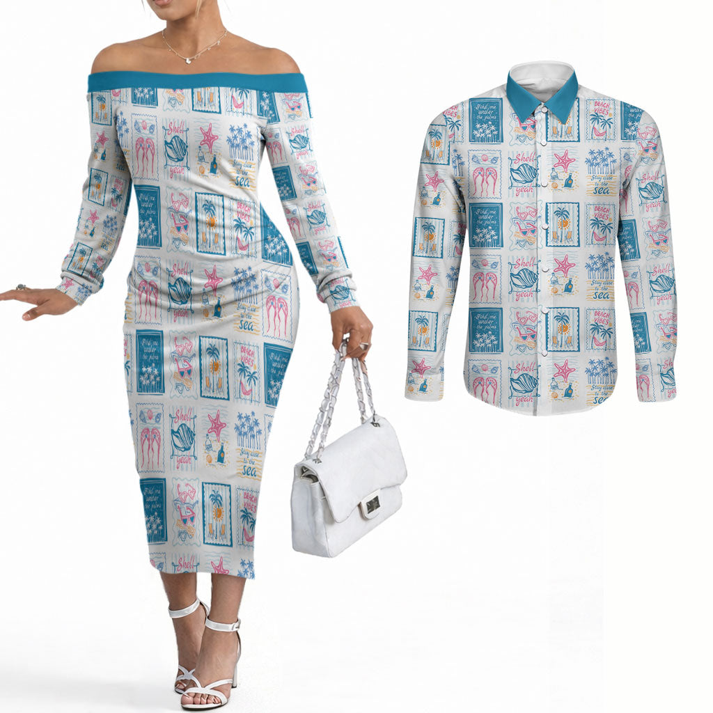 Hawaii Coastal Summer Postcard Couples Matching Off The Shoulder Long Sleeve Dress and Long Sleeve Button Shirt LT01 Multicolor - Polynesian Pride