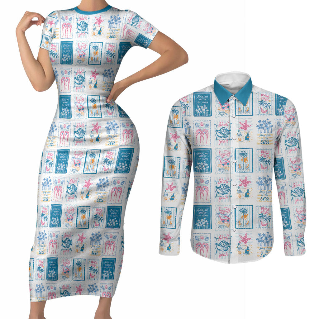 Hawaii Coastal Summer Postcard Couples Matching Short Sleeve Bodycon Dress and Long Sleeve Button Shirt LT01 Multicolor - Polynesian Pride
