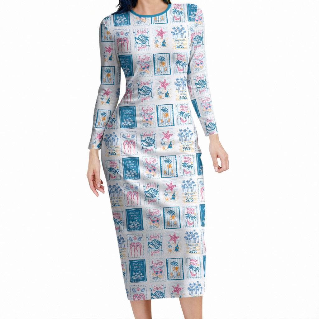 Hawaii Coastal Summer Postcard Long Sleeve Bodycon Dress LT01 Long Dress Multicolor - Polynesian Pride
