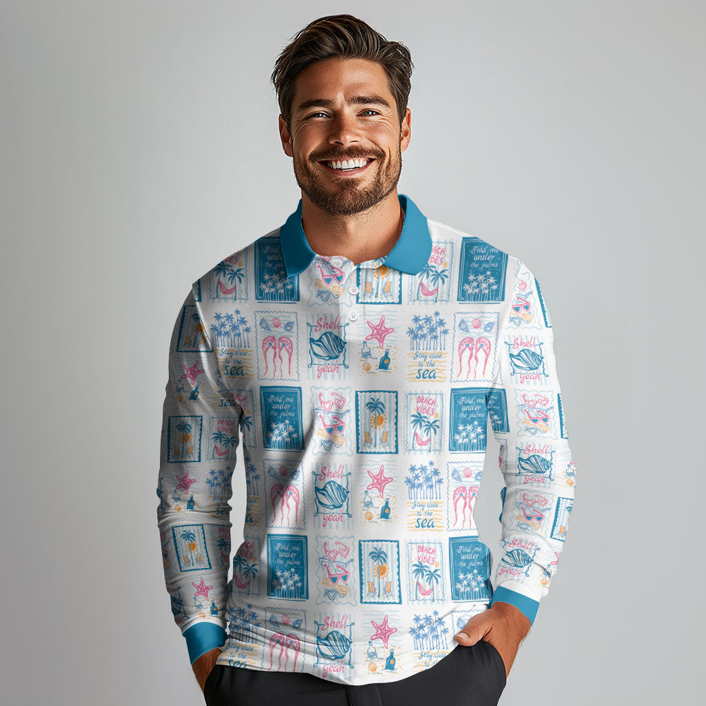 Hawaii Coastal Summer Postcard Long Sleeve Polo Shirt LT01 - Polynesian Pride