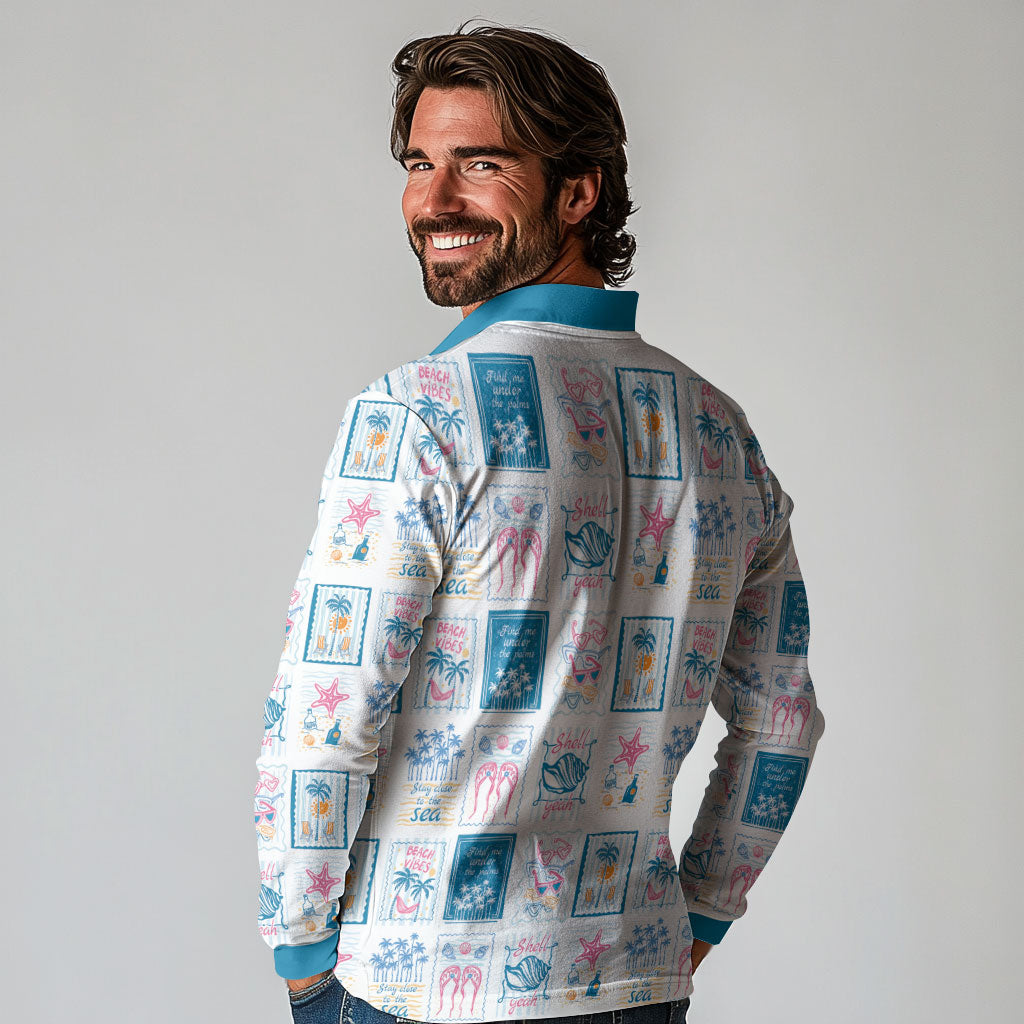 Hawaii Coastal Summer Postcard Long Sleeve Polo Shirt LT01 - Polynesian Pride