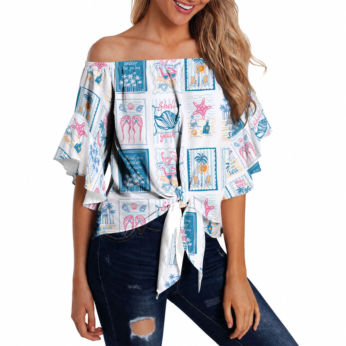 Hawaii Coastal Summer Postcard Off Shoulder Wrap Waist Top LT01 - Polynesian Pride