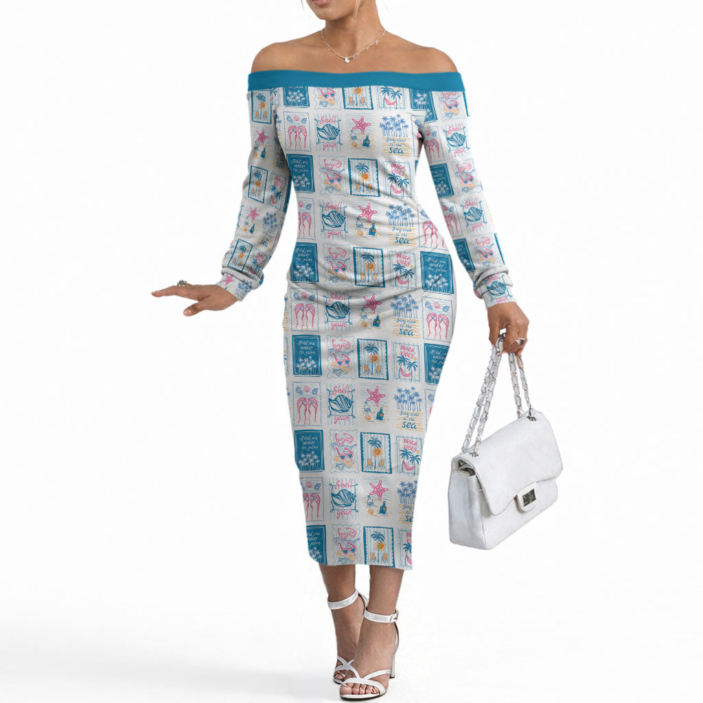 Hawaii Coastal Summer Postcard Off The Shoulder Long Sleeve Dress LT01 Women Multicolor - Polynesian Pride