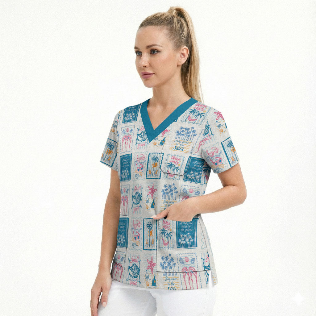 Hawaii Coastal Summer Postcard Scrub Top LT01 - Polynesian Pride