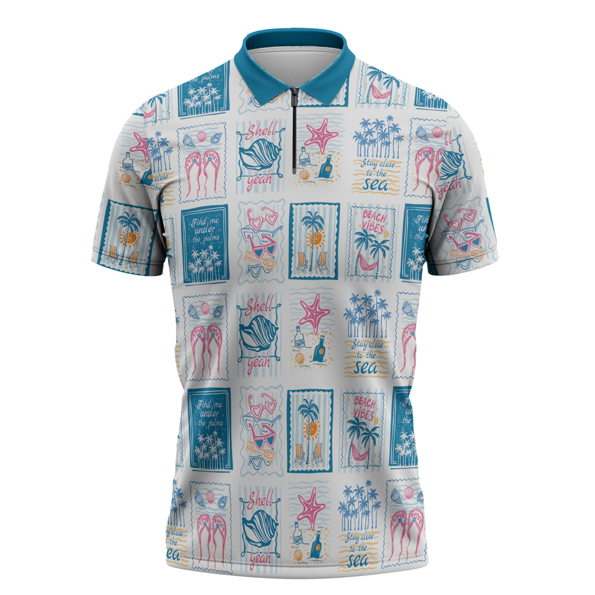 Hawaii Coastal Summer Postcard Zipper Polo Shirt LT01 Multicolor - Polynesian Pride