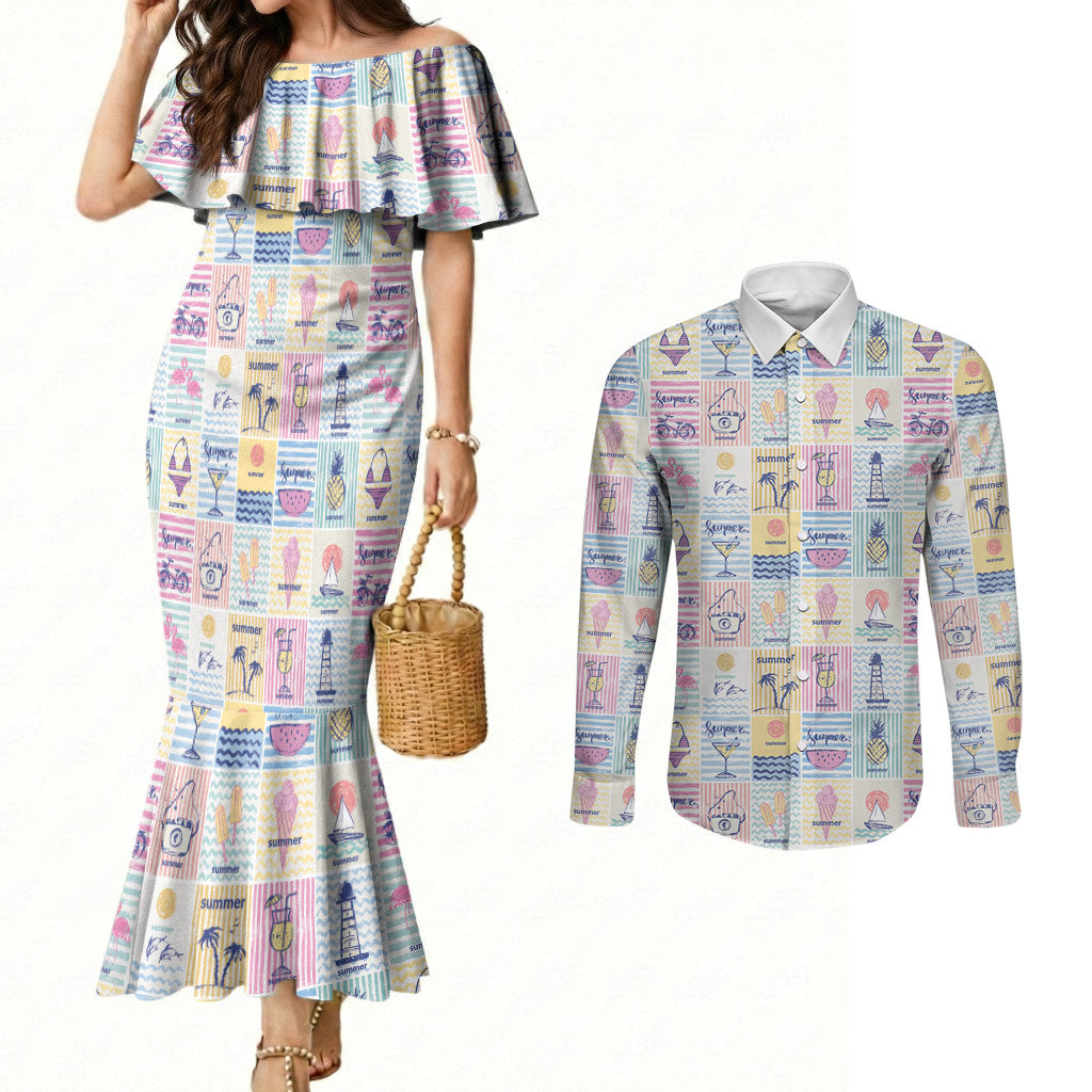 Aloha Summer Posters Grunge Textures Couples Matching Mermaid Dress and Long Sleeve Button Shirt LT01 Multicolor - Polynesian Pride