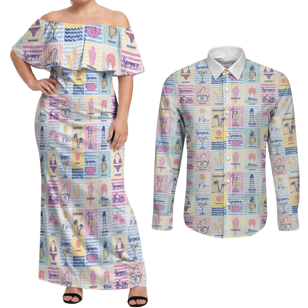 Aloha Summer Posters Grunge Textures Couples Matching Off Shoulder Maxi Dress and Long Sleeve Button Shirt LT01 Multicolor - Polynesian Pride