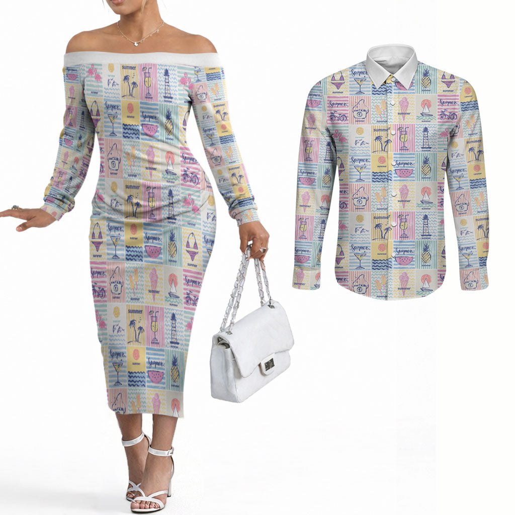 Aloha Summer Posters Grunge Textures Couples Matching Off The Shoulder Long Sleeve Dress and Long Sleeve Button Shirt LT01 Multicolor - Polynesian Pride