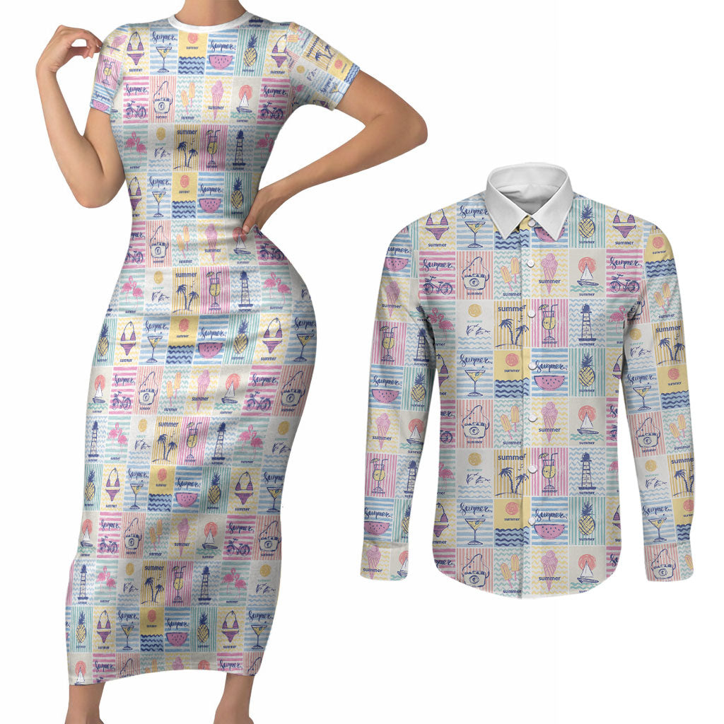 Aloha Summer Posters Grunge Textures Couples Matching Short Sleeve Bodycon Dress and Long Sleeve Button Shirt LT01 Multicolor - Polynesian Pride