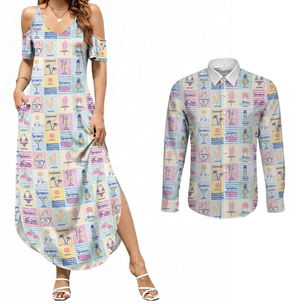 Aloha Summer Posters Grunge Textures Couples Matching Summer Maxi Dress and Long Sleeve Button Shirt LT01 Multicolor - Polynesian Pride