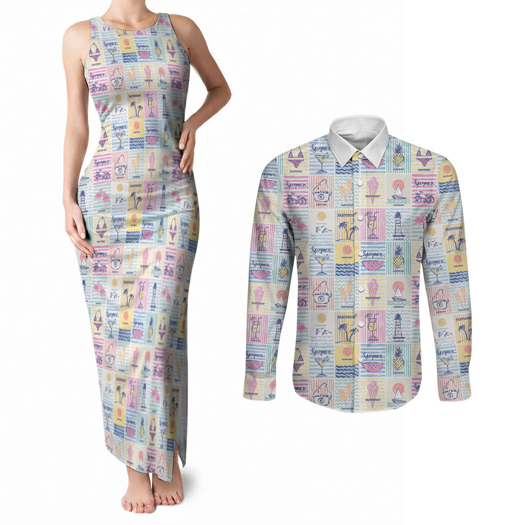 Aloha Summer Posters Grunge Textures Couples Matching Tank Maxi Dress and Long Sleeve Button Shirt LT01 Multicolor - Polynesian Pride
