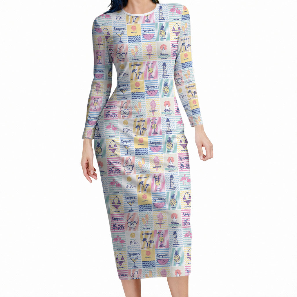 Aloha Summer Posters Grunge Textures Long Sleeve Bodycon Dress LT01 Long Dress Multicolor - Polynesian Pride