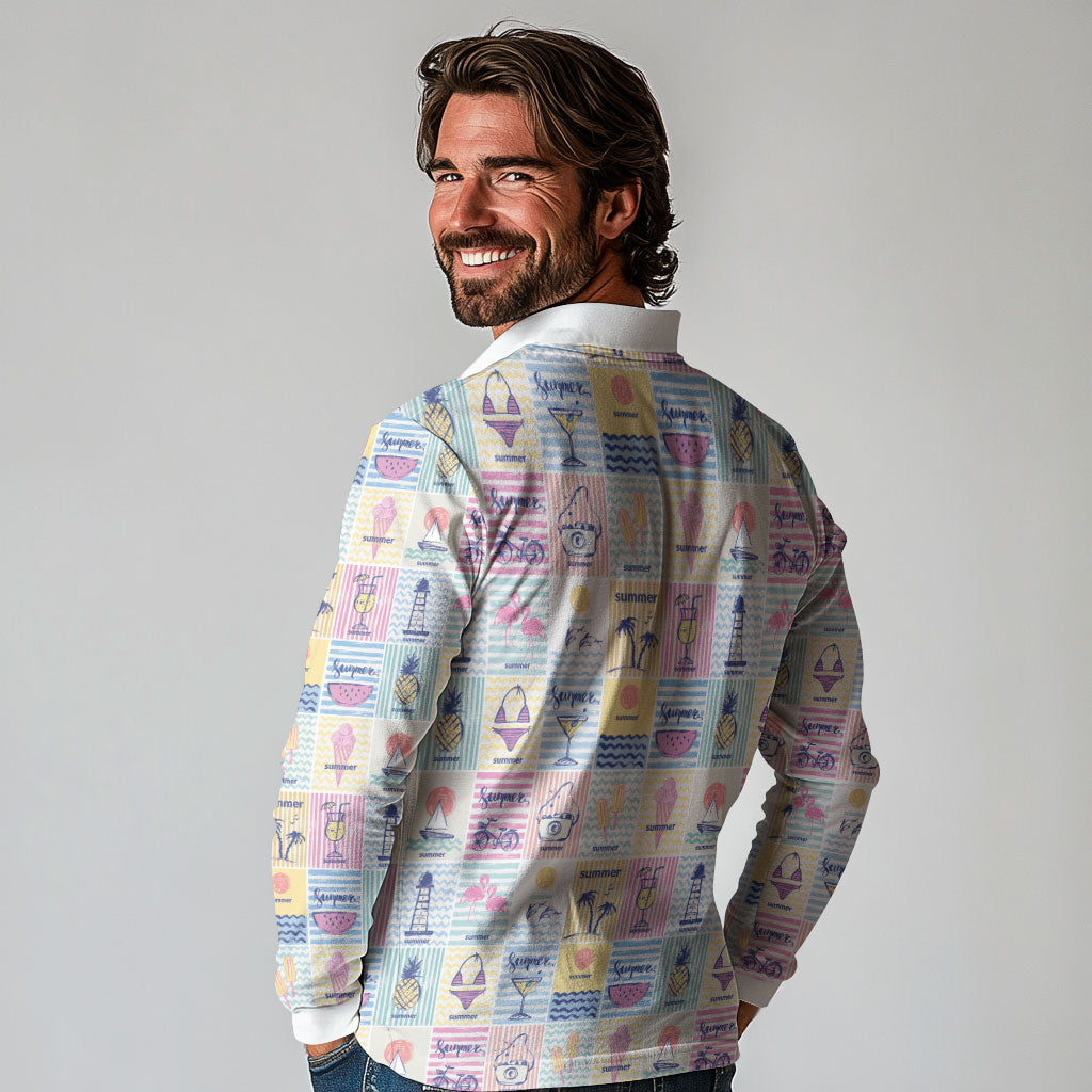 Aloha Summer Posters Grunge Textures Long Sleeve Polo Shirt LT01 - Polynesian Pride