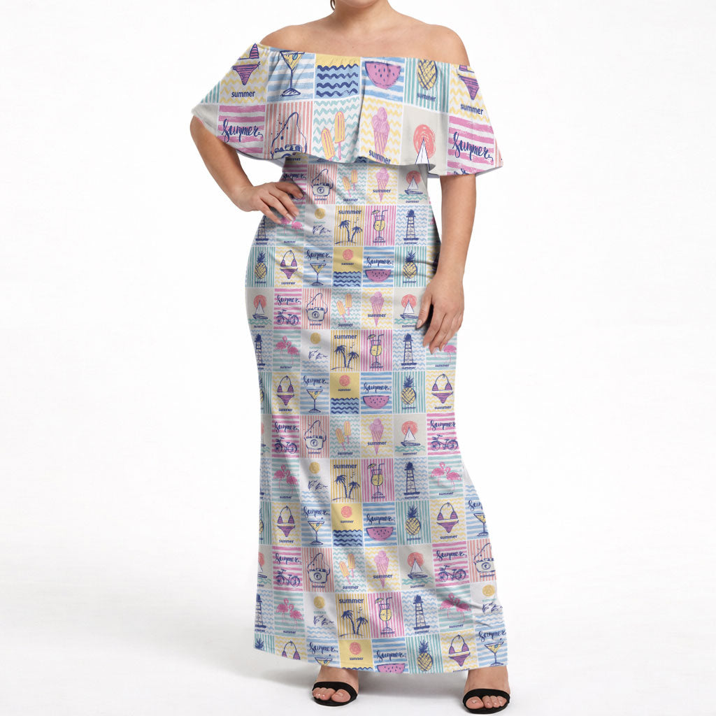 Aloha Summer Posters Grunge Textures Off Shoulder Maxi Dress LT01 Women Multicolor - Polynesian Pride
