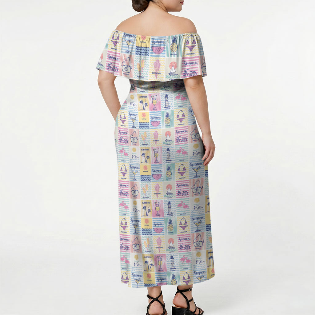 Aloha Summer Posters Grunge Textures Off Shoulder Maxi Dress LT01 - Polynesian Pride