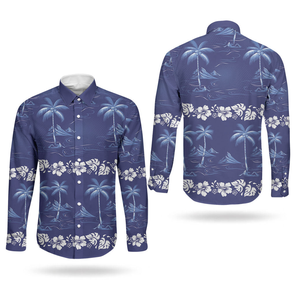 Blue Hawaii Palm Tree Hibiscus Couples Matching Tank Maxi Dress and Long Sleeve Button Shirt Fantasy Summer Vibe LT01 - Polynesian Pride
