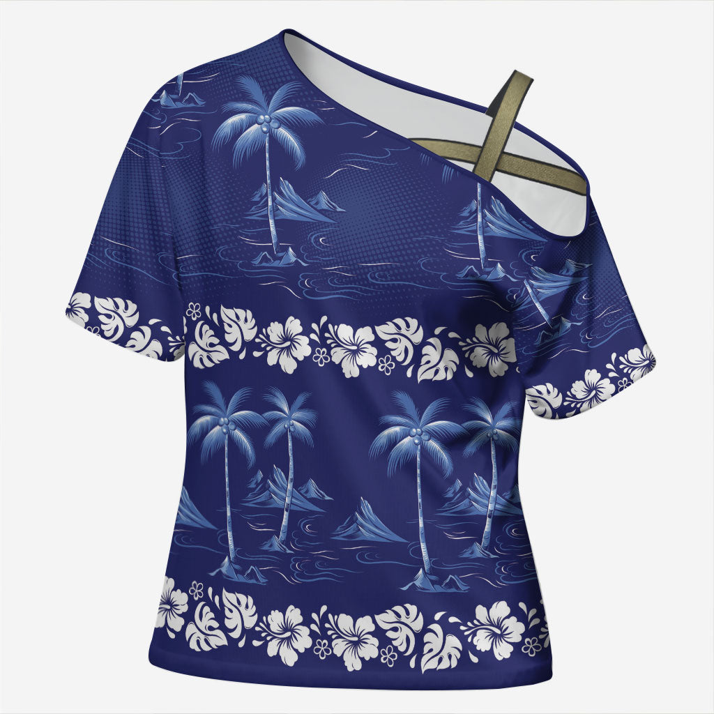 Blue Hawaii Palm Tree Hibiscus Cross Shoulder Shirt Fantasy Summer Vibe