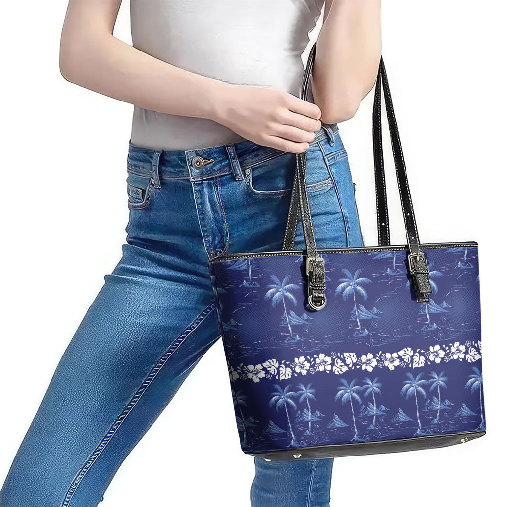 Blue Hawaii Palm Tree Hibiscus Leather Tote Bag Fantasy Summer Vibe