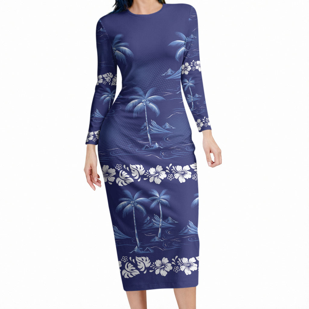 Blue Hawaii Palm Tree Hibiscus Long Sleeve Bodycon Dress Fantasy Summer Vibe