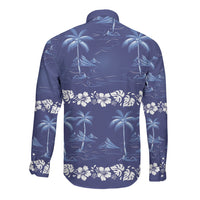 Blue Hawaii Palm Tree Hibiscus Long Sleeve Button Shirt Fantasy Summer Vibe